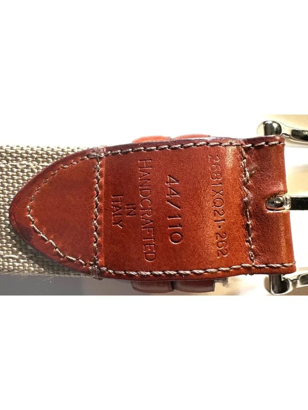 Brown Leather & Canvas Handcrafted Belt Made In Italy With Silver Buckle Size 44